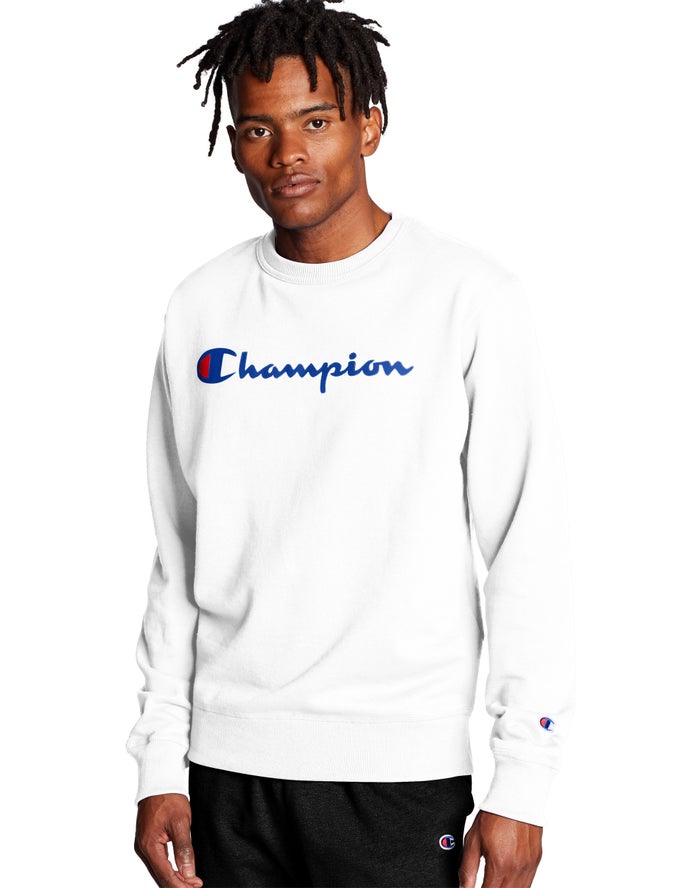 Champion Mens Sweatshirt NZ - Powerblend Crew Script Logo White ( 1709-BJMXI )